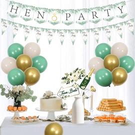 Jollyboom Hen Party Decorations Set Sage Green, Hen Party Green White Gold Balloons Hen Do Banner Hen Party Bunting Photo Booth Props for Bridal Shower Engagement Bachelorette Party Supplies