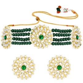 Aheli White Green Kundan Beads Studded Choker Necklace & Stud Earrings Set Ethnic Traditional Jewelry for Women