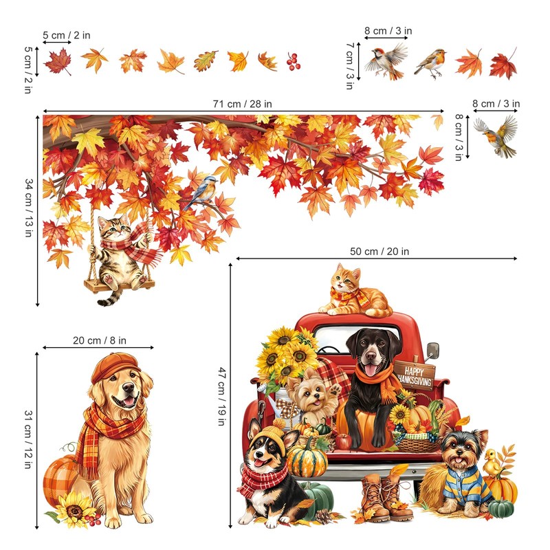 decalmile Window Clings Fall Dog Cat Maple Leaves Reusable Windows
