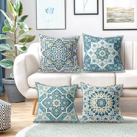 Joymaison Federe per Cuscini Divano 50x50 set di 4 Bohemia Blu Mandala Floreale Federa Copri Cuscino Retrò Geometriche Orientali Federe Confezione Copricuscini Quadrati per Camera da Letto Divano