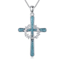 Flpruy Thorns Cross Necklaces 925 Sterling Silver Turquoise Cross Pendant Necklace Religious Jewelry Gifts for Women