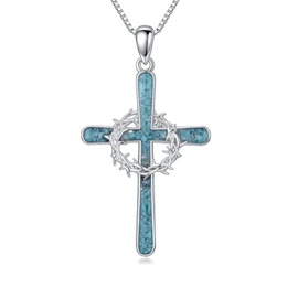 Flpruy Thorns Cross Necklaces 925 Sterling Silver Turquoise Cross Pendant Necklace Religious Jewelry Gifts for Women