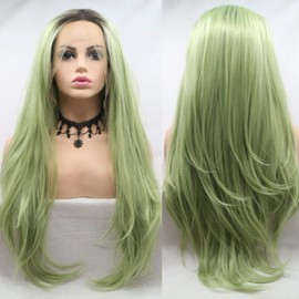 Xiweiya Long Matcha Green Wig Synthetic Lace Front Wigs Middle Part Wig Dark Root Long Soft Wig Hair Replacement Wig for Women, Drag Queen Makeup 24 inch