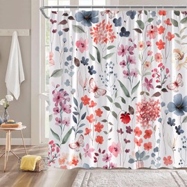 Floral Plant Shower Curtain Watercolor Wildflower Boho Rustic Flower Butterfly Bathroom Decor Curtain with Hooks,70" WX70 H