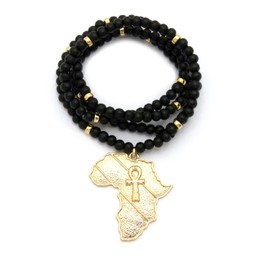 Fashion 21 Egyptian Ankh Cross in Africa Map Pendant 6mm 30" Wooden Bead Necklace Gold Black Tone (Metal Joint Wooden 6mm 30")