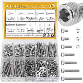 356 Pieces M4 Screws Nuts Washers Set, Sutemribor M4 x 6/8/12/16/20/25/30mm Hex Socket Head Cap Screws Nuts Washers Assortment Kit, 304 Stainless Steel, Fully Threaded