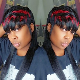 SAEIALL Mullet Wig for Black Women Human Hair Pixie Cut Wig Long Straight Mullet Wigs None Lace Front Haircut Glueless Layered Haircut Wigs for Women (Black with Red, 18inch)