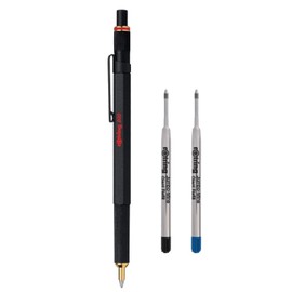 rOtring 800 Ballpoint Pen Set Medium Point Black Ink Black Barrel Refillable Ballpoint Pen Refills Medium Black and Blue