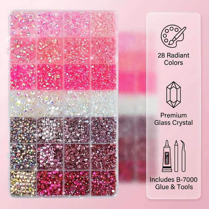 Pink Rhinestones Kit with B7000 Glue & Tools, Flatback Gems