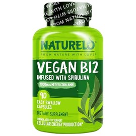 NATURELO Vegan B12 - Methyl B12 with Organic Spirulina - High Potency Vitamin B12 1000 mcg Methylcobalamin - Supports Healthy Mood, Energy, Heart & Eye Health - 90 Capsules