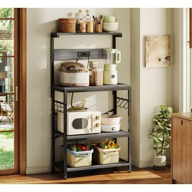 SUPERJARE Kitchen Bakers Rack with Power Outlet, Coffee Bar Table 4 Tiers, Kitchen Microwave Stand with 6 S-Shaped Hooks, Storage Shelf Rack for Spices, Pots and Pans - Charcoal Gray