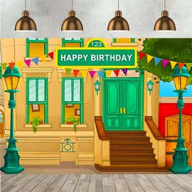 Photography Background Happy Birthday Cartoon Street Theme Brick Wall Children's Baby Party Baby Shower Decoration Banner Props Vinyl 5x3 ft