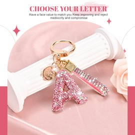 Initial Letter Keychain for Women Girls, Bling cute KeyChain for Car Key Accessories Lanyard and Backpack Bag，Perfect Gift (Pink-A)