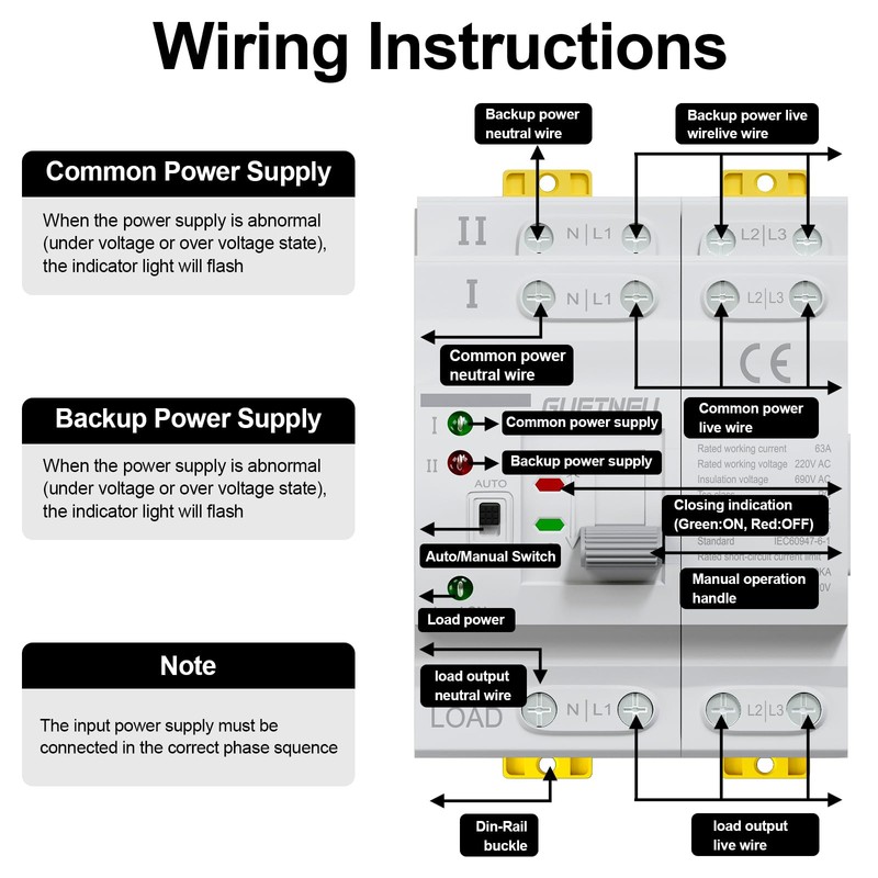 ATS Dual Power Automatic Transfer Switch, 4P 63A 220V Manual