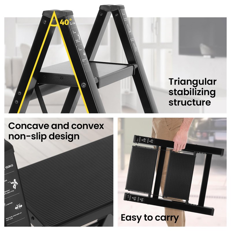 FAHKNS Black 2 Step Ladder, Aluminum Light Folding 2 Step