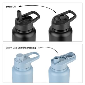 VINSUN Thermo Bottle Black 1L - Leakproof, Carbonic Acid Suitable, BPA Free - Straw Lid, Drinking Opening - Insulated Stainless Steel Drinking Bottle for Sports, School, Office, Camping