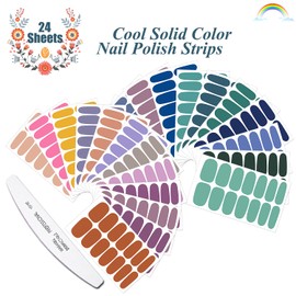 JERCLITY 24 Sheets Solid Cool Colors Solid Color Nail Stickers Full Nail Wraps Real Nail Polish Strips for Women Nails Art Bright Color Gel Nail Strips with Nail File