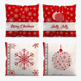 AIBIIN Christmas Cushion Covers Set of 4 Merry Christmas Snowflake Pillow Cases Red Christmas Throw Pillow Covers for Home Couch Decor 45 x 45 cm