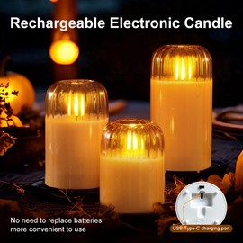 LEDHOLYT Rechargeable Jar Flameless Candle, Flashing LED Pillar Real Wax Candle with Remote Control and Timer, Gold Pumpkin Glass Electronic Candles for Room Decoration, 1 Set of 3