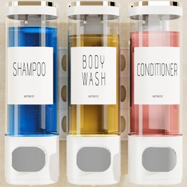VITVITI Shampoo and Conditioner Dispenser for Shower Wall, Shower Soap Dispenser 3 Chamber No Drill Wall Mounted, 10.2 OZ Plastic Refillable Shower/Body Wash Bottles for Bathroom (White)