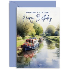 Traditional Male Birthday Card for Him - Watercolour Canal Boat Design - Water Canal Birthday Card for Men - Birthday Card for Dad, Uncle, Grandad, Brother | Blank Inside Envelope