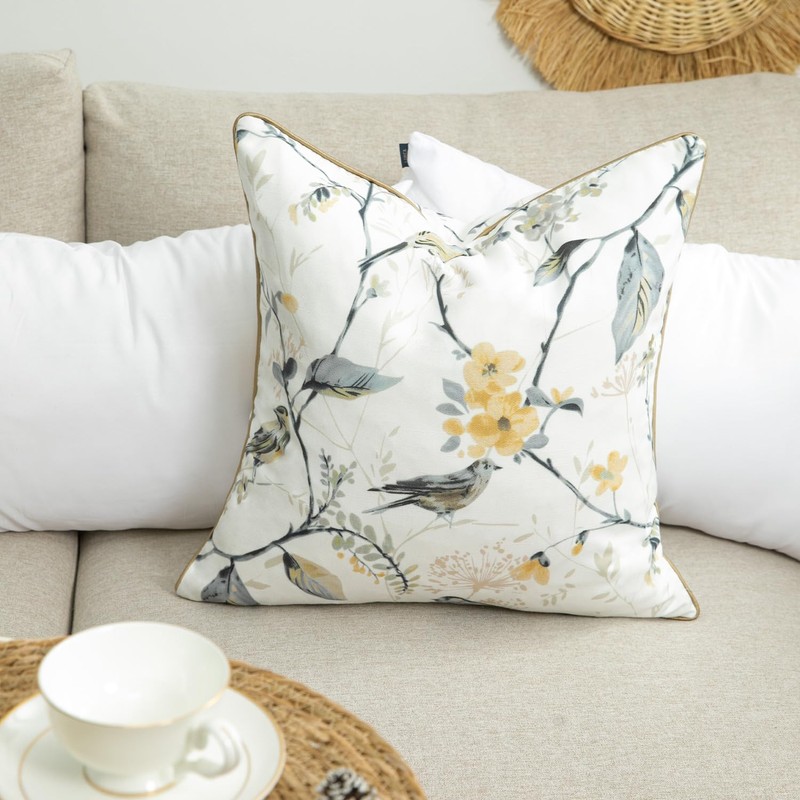 VOGOL Linen Textured Throw Pillow Covers, Grey Sparrows Print Soft