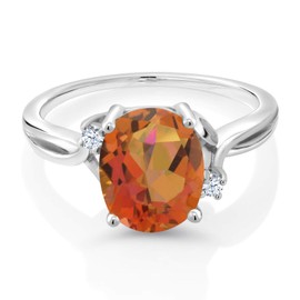 Gem Stone King 925 Sterling Silver Twilight Orange Mystic Quartz and White Created Sapphire 3 Stone Ring For Women (2.73 Cttw, Oval 10X8MM, Gemstone Birthstone, Available In Size 5, 6, 7, 8, 9)