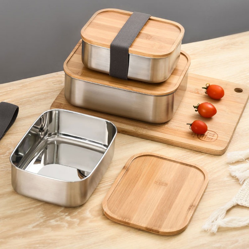 Stainless Steel Bento Lunch Box Metal Containers Wood Lid with