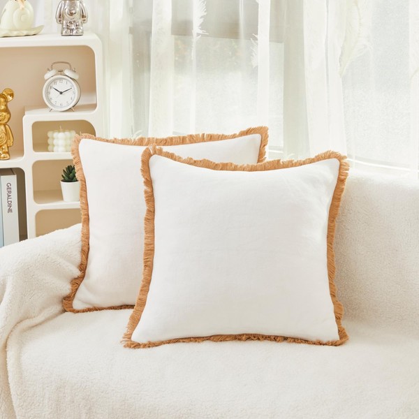 Lemfux Velvet Throw Pillows White Throw Pillows with Red Fringe