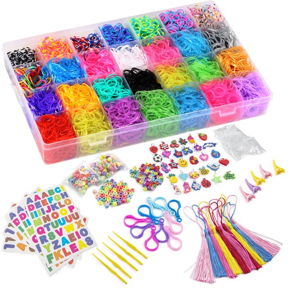 DasKid 12100+ Rubber Bands Refill Loom Set 11,000+ Loom Bands 42 Colors 600 Clips 200 Beads + 52 ABC Beads 30 Charms 10 Backpack Hooks 10 Tassels 5 Crochet Hooks 5 Hair Clips +ABC & Number Stickers