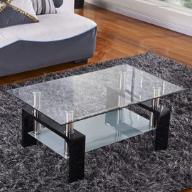 Mecor Rectangle Glass Coffee Table-Modern Side Coffee Table with Lower Shelf Black Wooden Legs-Suit for Living Room