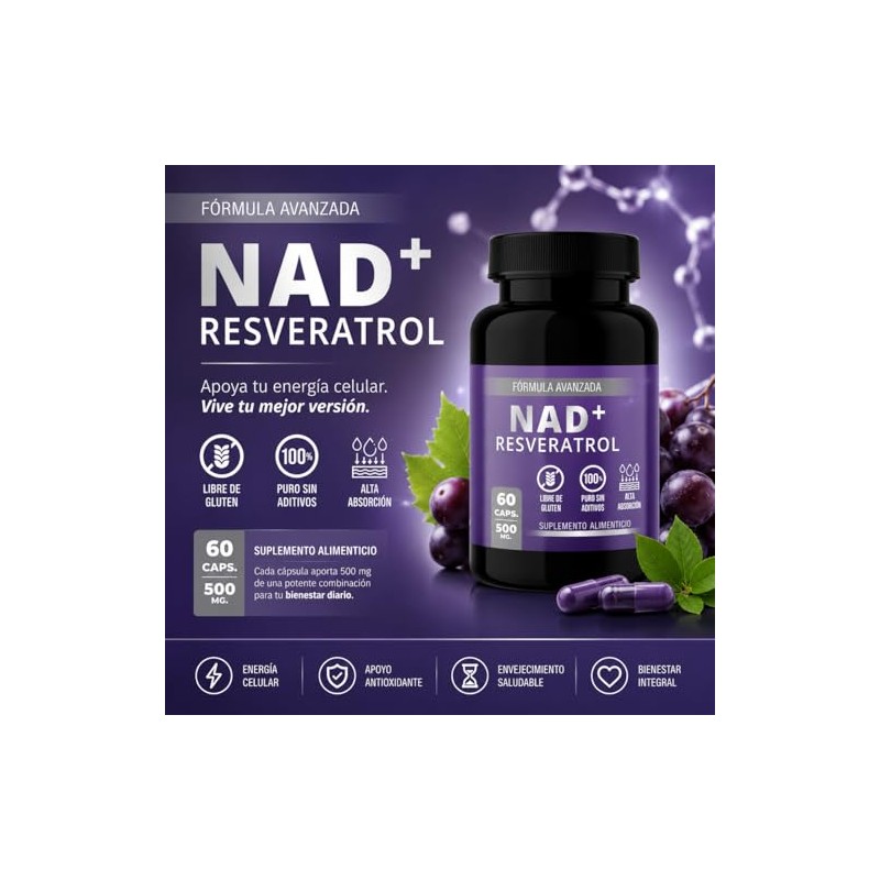 Suplemento Alimenticio NAD+ con Resveratrol | 60 Cápsulas de 500