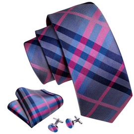 Barry.Wang Plaid Ties Check Mens Necktie Set with Handkerchief Cufflinks Classic Stripe Grey Pink