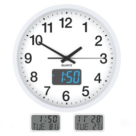 T-FAMY Modern 12 Inch Wall Clock with Light Sensor & Auto-Dim, LED Digital Time/LCD Date & Temperature Display - Battery Operated Silent Sweep Movement for Home Office Decor (Blue LED)