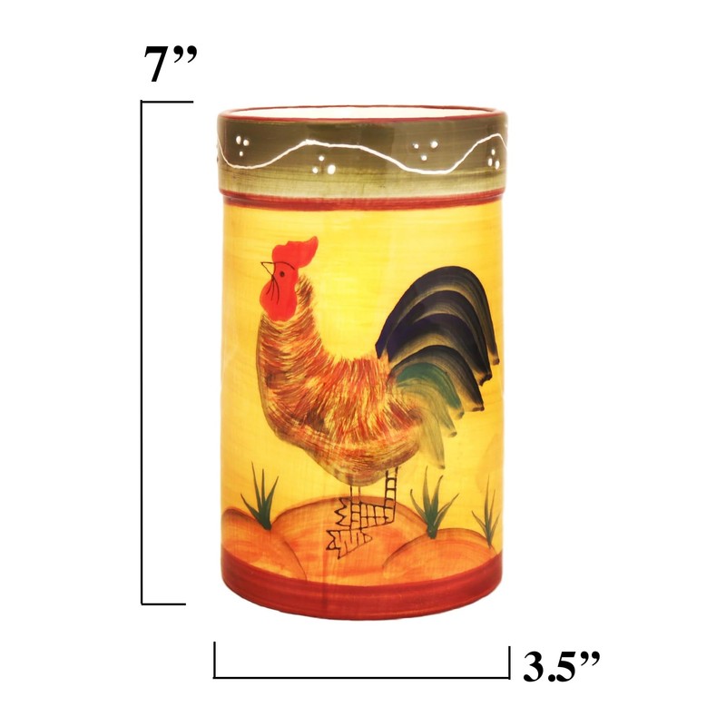 ACK Tuscany Sunshine Country Rooster Hand Painted Ceramic Utensil Jar,