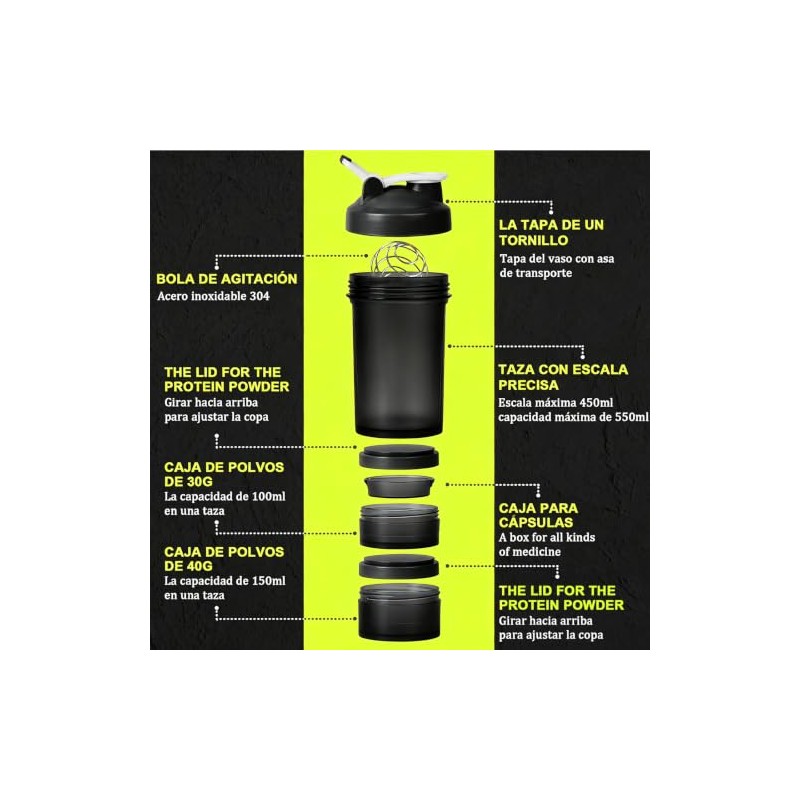 650ML/22OZ Botella para Proteina de Coctelera Protein Shaker