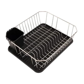 FurnitureXtra Stainless Steel Dish Drainer with Plastic Drip Tray and Cutlery Holder (Square Drainer Black)