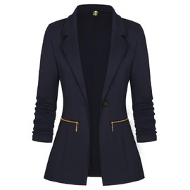 Genhoo Womens Boyfriend Blazers with Zipper Pockets Tailored Suit Jacket Coat Navy Blue L