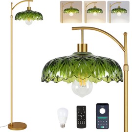 ILLMTW Glass Floor Lamp for Living Room,Bedroom,Gold Standing Lamp with Remote,Dimmable Brass Mid Century Modern Tall Lamp Vintage Retro Green Lamp Floor Lamps Boho Flower Floor Light Arc Bohemian