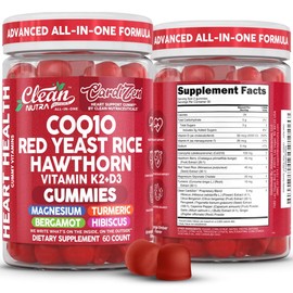 Clean Nutra CoQ10 Gummies Red Yeast Rice Hawthorn K2 Vitamin Supplement Magnesium Glycinate Turmeric Citrus Bergamot Hibiscus VIT D K Fenugreek Garlic Supplements Heart Support Gummy 60ct