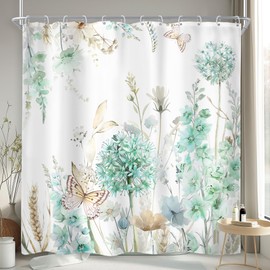 Newsely Green Floral Hydrangea Shower Curtain 72Wx72H Inch Cute Butterfly Plants Farmhouse Watercolor Flower Wildflower Shower Curtain Bathroom Set for Women Waterproof Bath Accessories Home Decor