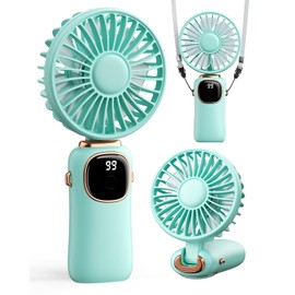Portable Handheld Fan, 4000mAh Battery Operated Fan with LED Display, Handheld/Neck/Desk 3 in 1 Personal Small Fan, 90° Foldable Desk Fan with Base, 5 Speed Lash Fan Makeup Fan for Women Green