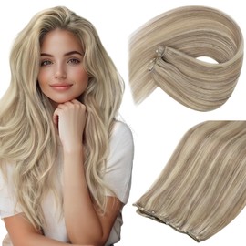Sunny Hair Beaded Weft Hair Extensions Human Hair Dirty Blonde Mix Platinum Blonde Micro Bead Weft Hair Extensions Real Human Hair Remy Easy Weft Hair Extensions with Micro Beads 24 Inch 50g