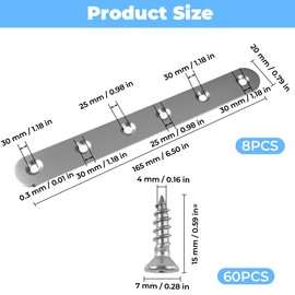 Pack of 8 Flat Connectors, Stainless Steel, Wood Connectors, Metal, 165 mm x 20 x 3 mm, Stainless Steel Perforated Plates with 60 Mounting Screws, Perforated Plate Metal for Repair Wood, Furniture