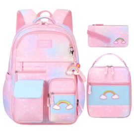 TLTUCI 3pcs Girls Backpack,Cute Rainbow School Backpack for Kids Children with Insulated Lunch Box Pencil Case Set (Pink-Large 17.7in)