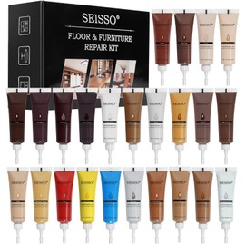 SEISSO Furniture Repair Kit, Wood Floor Repair Kit Furniture Touch Up Kit Cover Wood Scratch Restorer Filler for Wooden Floor, Table, Door, Cabinet, with 24 Brushes, 2 Scrapers (24 Colors (set of 50）)