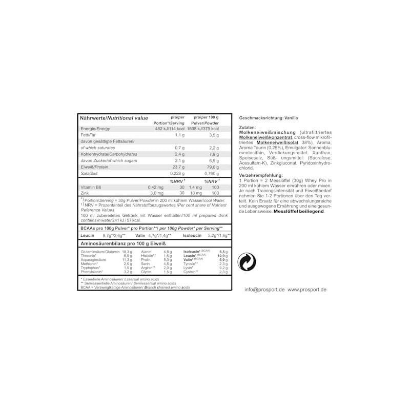 Prosport Whey Pro Vanilla, 908 g Bag, Whey Protein, Protein