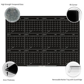 Magnetic Whiteboard Calendar Black Glass Board Yearly Calendar - 35" X 47" Large Wall Calendar - White Board Dry Erase Planner for Wall Home, School, Office