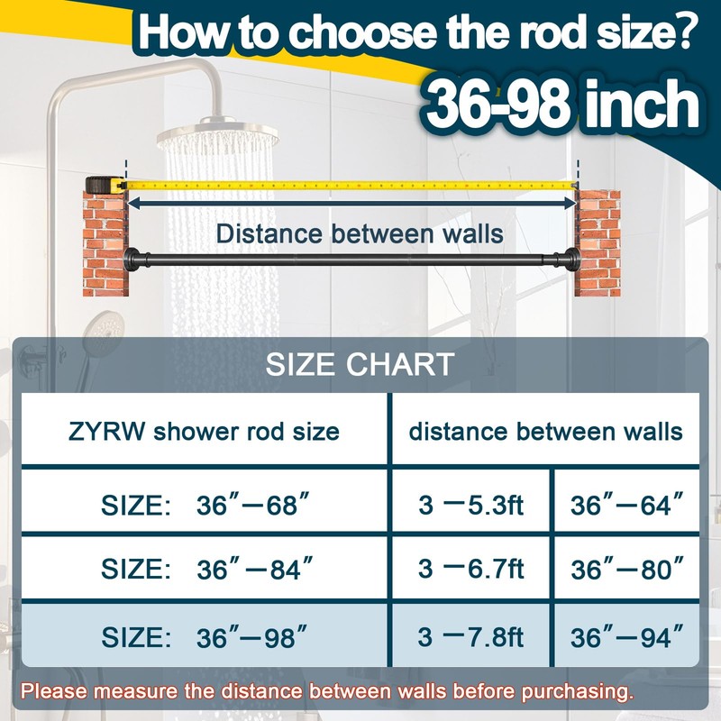 Black Shower Curtain Rod 36-98 Inch(3-8.17ft) Never Rust Non Slip