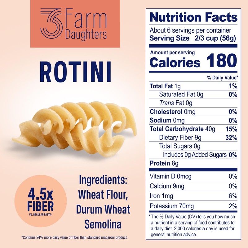 Three Farm Daughters High Fiber Pasta Rotini Pack, Low GI,